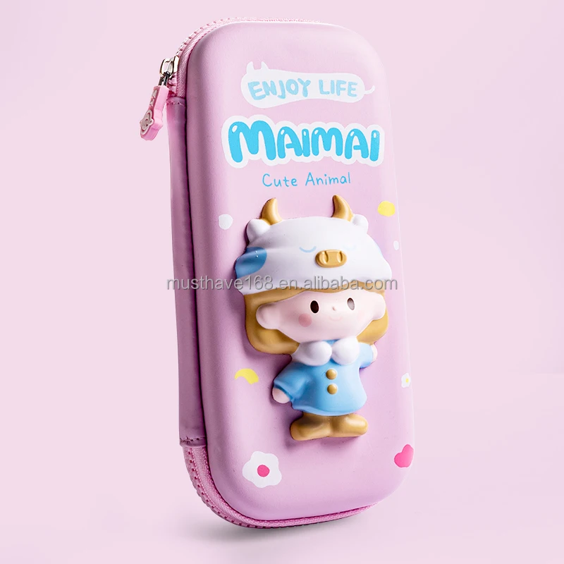 Maihe Maimai Girl Kids Waterproof EVA School Cute Pencil Case  With Zipper And Squishy Toy