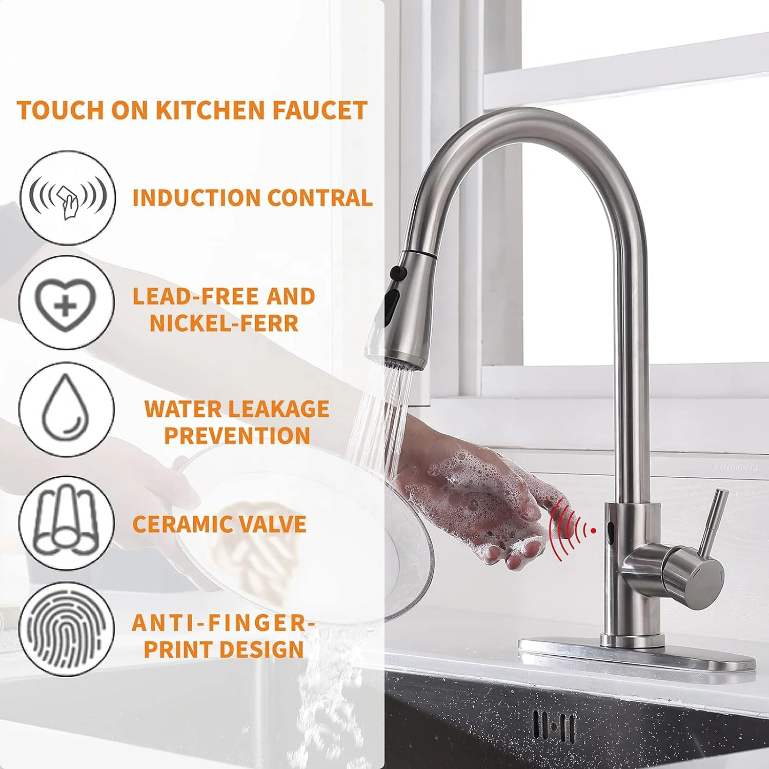 304 stainless steel Kitchen Faucet with Pull Down Sprayer Motion Sensor Kitchen Faucet with Kitchen Soap Dispenser