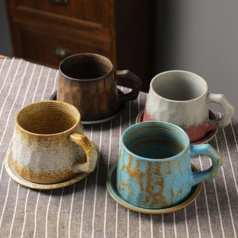 Vintage Japanese Arabic Style Ceramic Pottery Clay Coffee Mug Latte Cups Set Custom Porcelain Tea Cup and Saucers