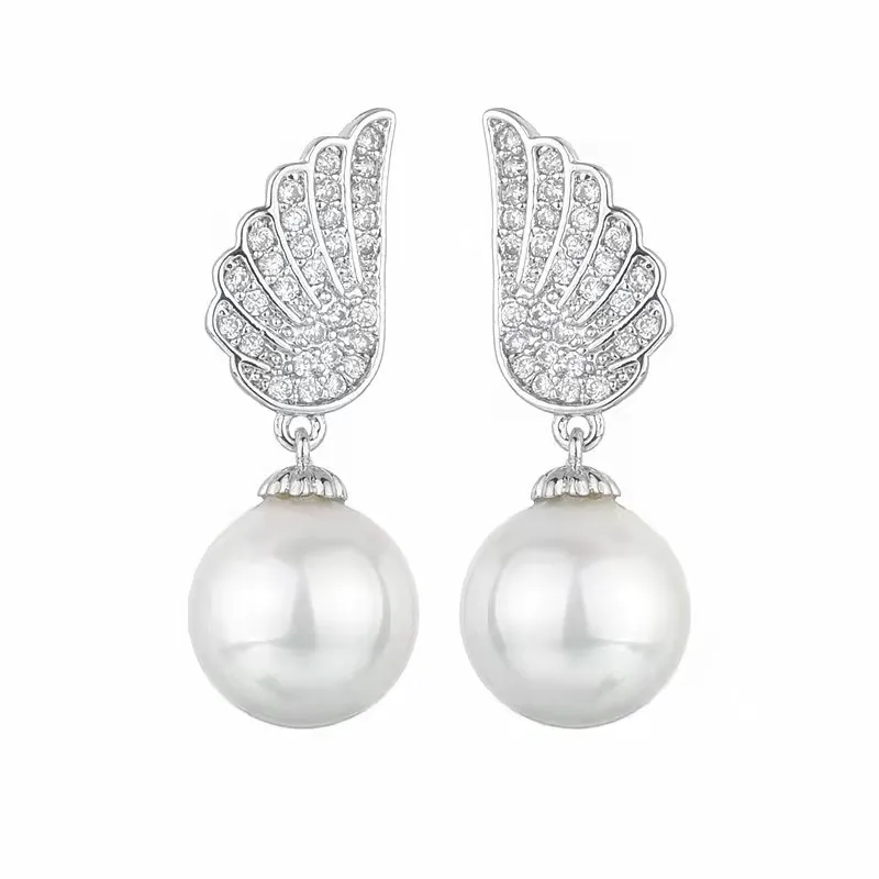 Pearl Drop Earring White Pearl Dangle Earrings Angel Wing Cubic Zirconia Silver Dangle Earring for Women