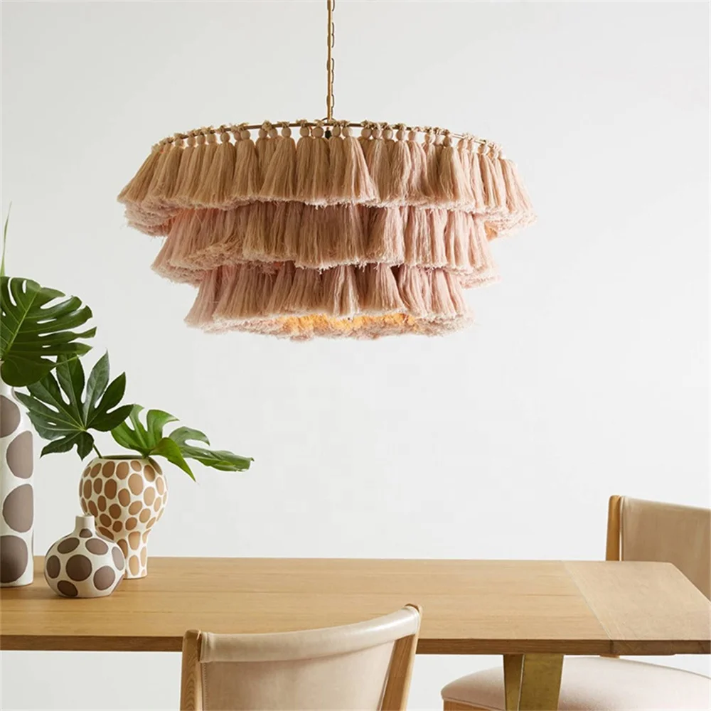 Biumart 3 Tier Tassel Chandelier Hand Weaving Rope Hanging Lamp Office Pendant Modern Lamp for Shop