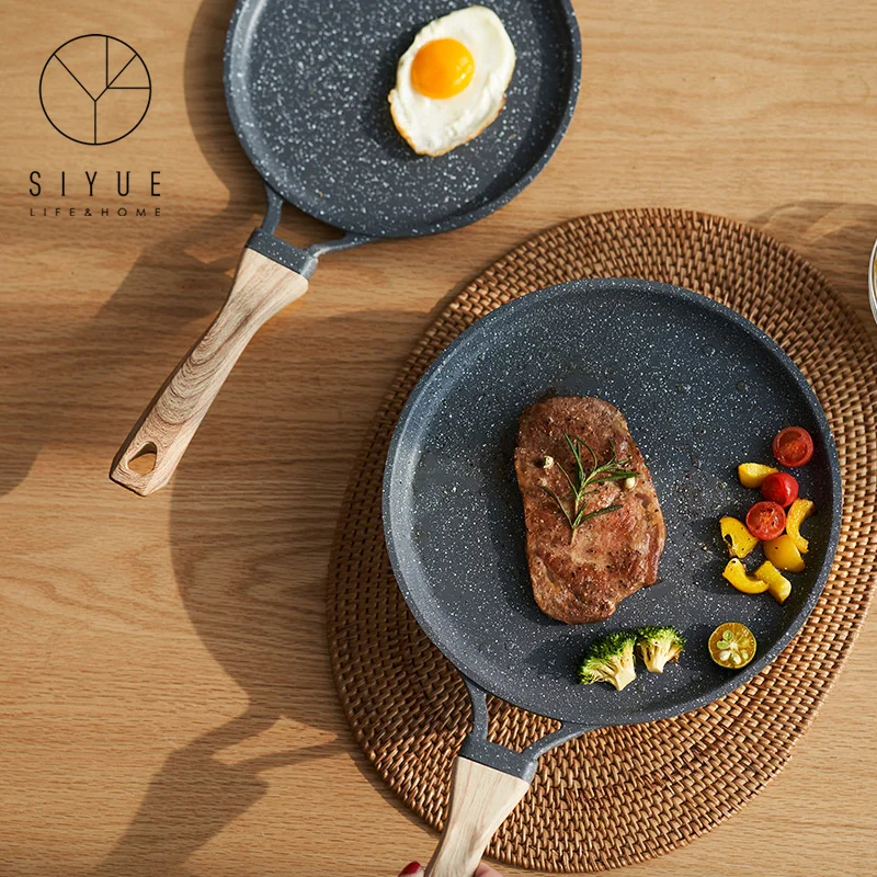 Kitchen Stovetop Egg Cooking Cast Non-stick Cast Iron Frying Pan With Wooden Handle for Saute Grill 3121