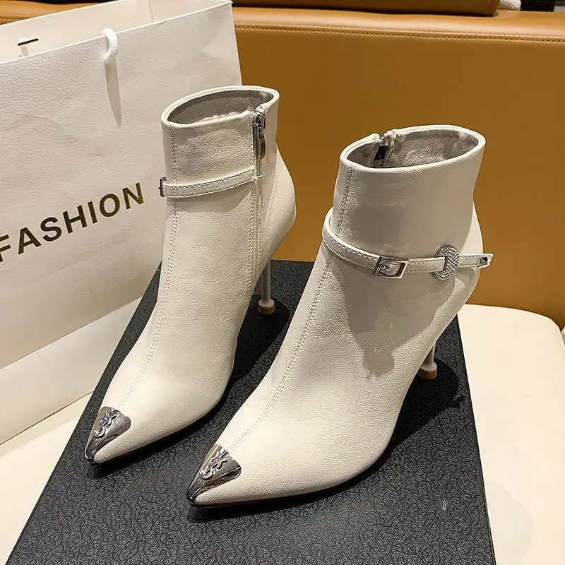 2021 Hot Sale New Women Metal Pointed High Heels Stiletto Short Boots All Match Casual Women Shoes