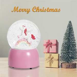OEM custom resin dome cheap water globes pink pedestal music rainbow unicorn snow globes