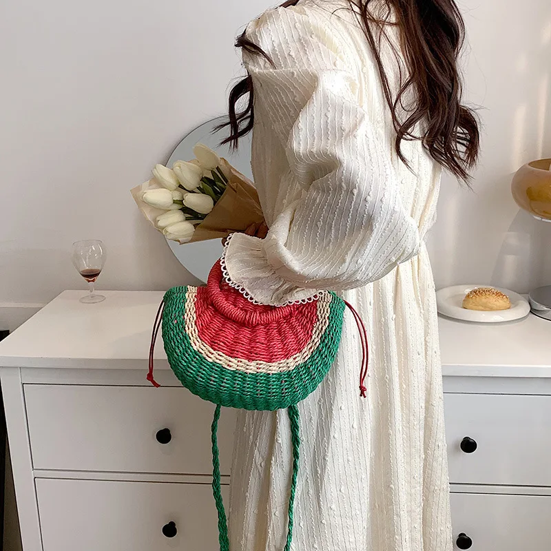 New Arrivals Handmade Half Round Natural Paper Straw Crossbody Bag Watermelon woven straw beach tote bag