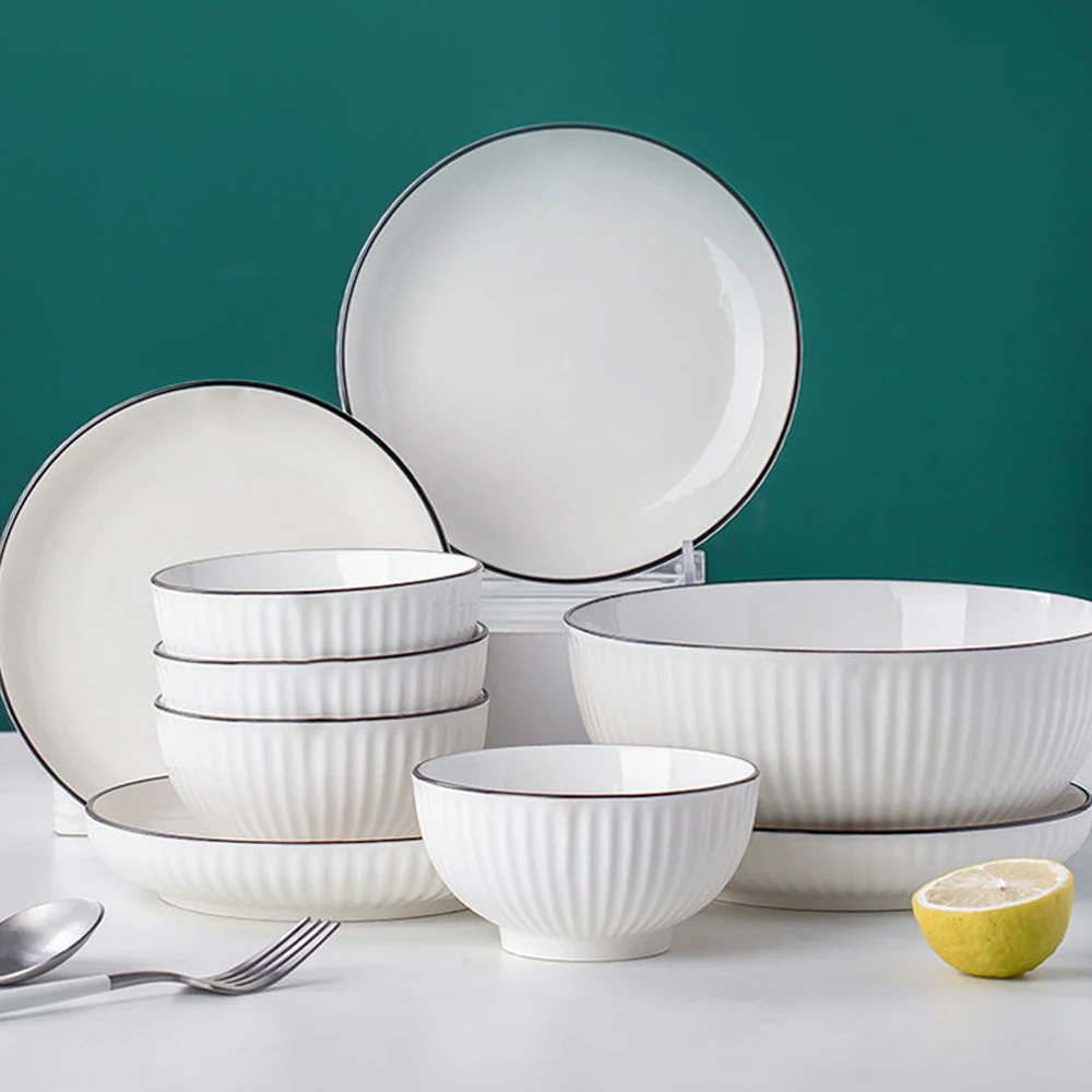 Factory Wholesale Custom Nordic Simple Black Rim Handmade Unique Combination White Ceramic Porcelain Tableware For Restaurant
