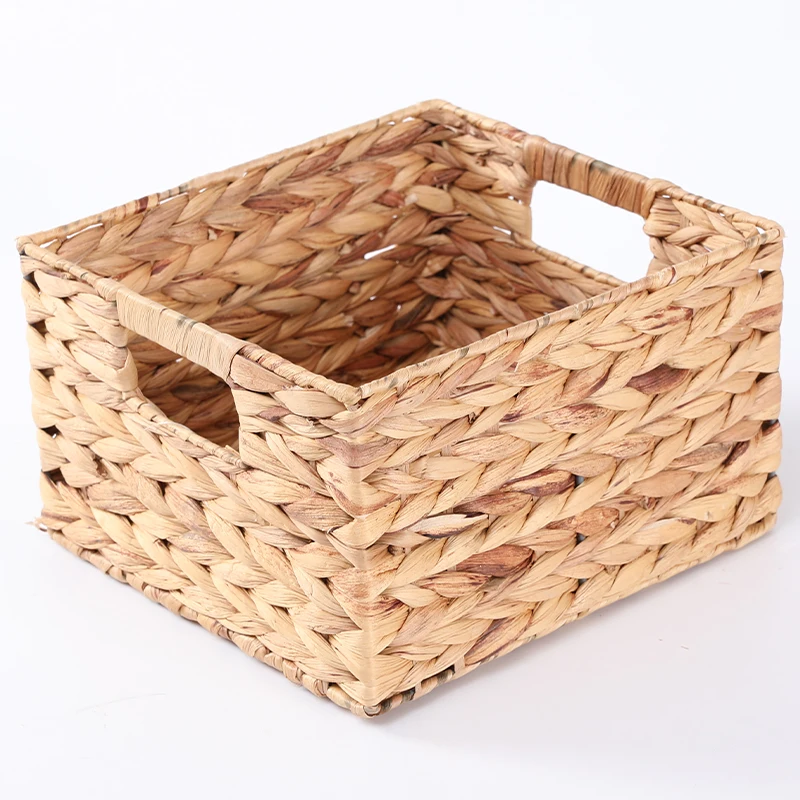 Best Selling Handwoven Cube Kitchen Bins Water Hyacinth Pantry Storage Basket with chalkboard clip labels and chalk marker