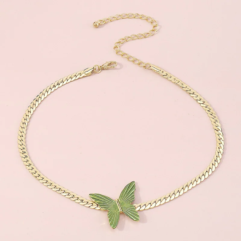 Factory Wholesale Cuban Chain Hip-Hop Necklace Enamel Green Butterfly Necklace Snake Chain Butterfly Choker Necklace For Women