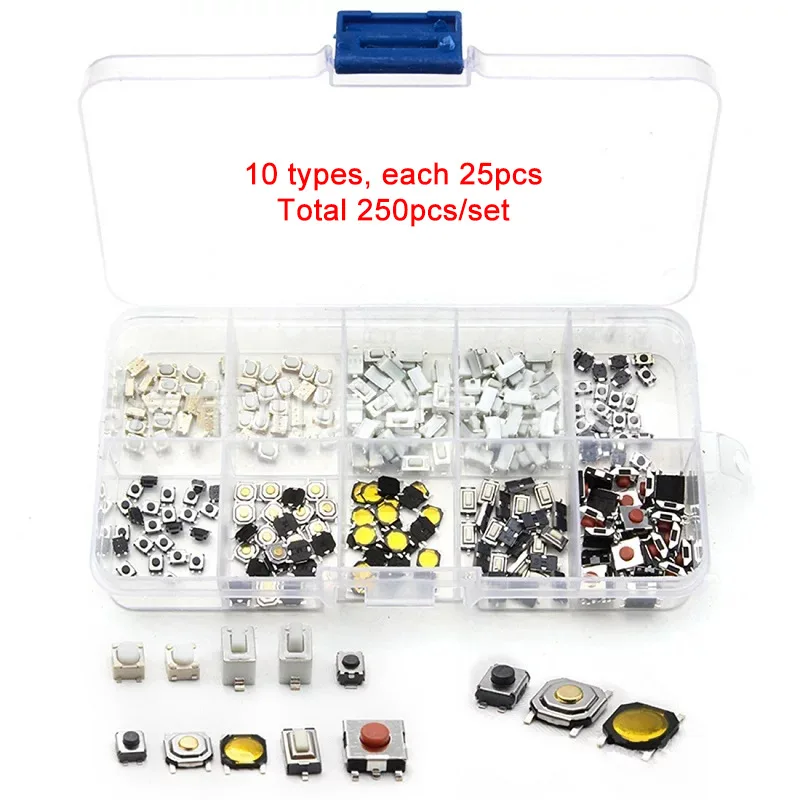 250Pcs Tactile Push Button Switch Set for Car Remote Control Keys Repair Button Touch Microswitch Button Switches Assortment Set