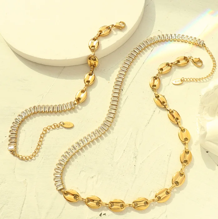 18k Gold Plated Stainless Steel Half Rectangle CZ Baguette Tennis Half Coffee Bean ChainNecklace and Bracelet Jewelry Set