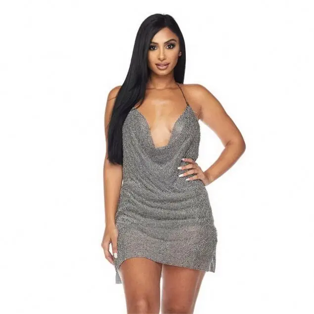 Trendy Black Aluminum Crystal Rhinestone Mesh Chain Mail Side Slit Women Mini Dress For Party Nightclub