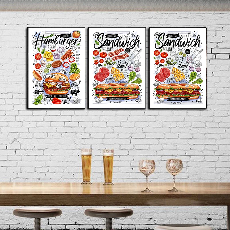 Pizza Burger Salad Wall Art Pictures And Posters Print on Canvas painting For Fast Food Restaurant And Hotel Room Decoration