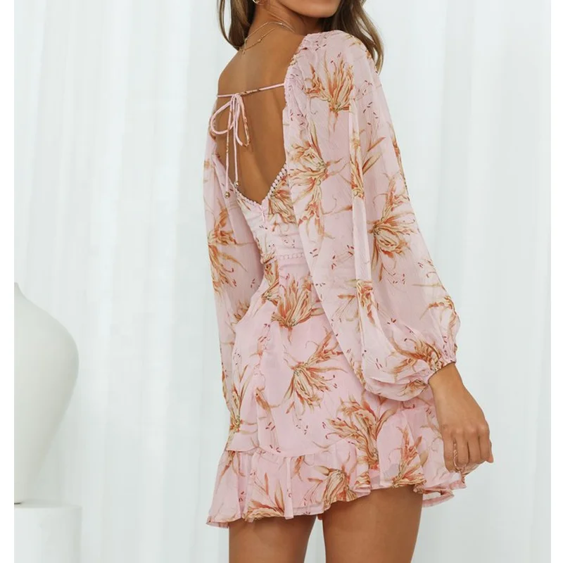 Женское летнее пляжное мини-платье с цветочным принтом, шифоновое платье с длинным рукавом в стиле бохо, повседневное облегающее пикантное платье с запахом и оборками, платье для вечеринки