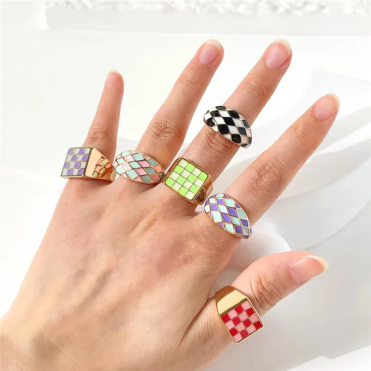SP Latest New Arrived Colorful Brass Made 14K Real Gold Plated Enamel Design Fashion Checkered Rings