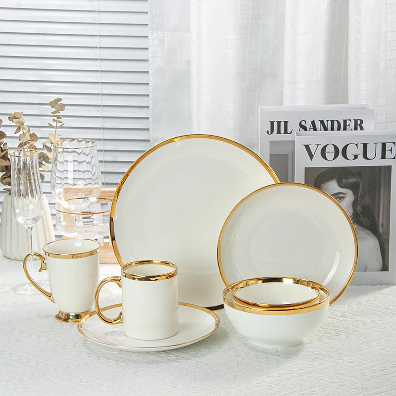 White Gold Rim Ceramic Dinnerware Sets Best Selling Nordic Elegant Porcelain Plates Dinner Sets