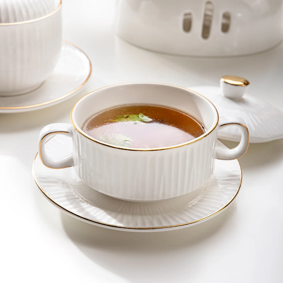 Factory Direct Sell 240ml Nordic Salad Bowl White Gold Rim Pottery Soup Bowl With Lid Porcelain Soup Bowl With Two Handle