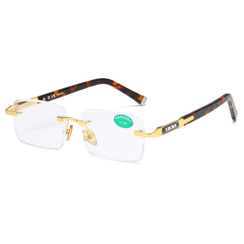 High quality men and women Anti-blue light lens crystal presbyopia glasses frameless square reading glasses
