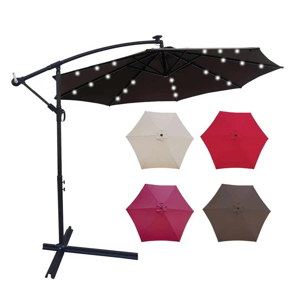 Factory Hanging Cantilever Market Patio Umbrella Offset Patio 10FT Solar LED Outdoor Umbrella Steel Cross Base