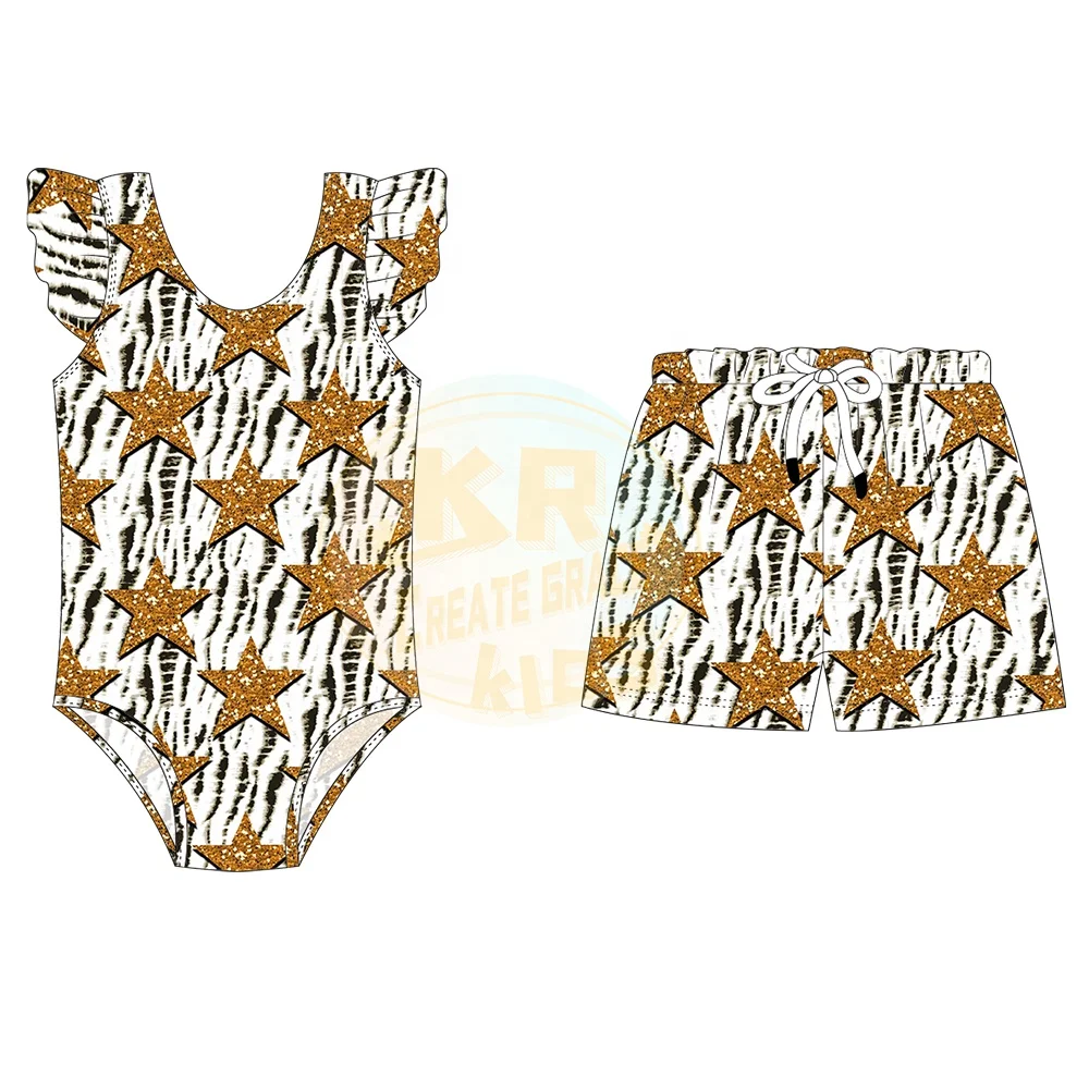 Factory Wholesale Baby Girls Vacation Butterfly Sleeve Backless Beach Wear+ boys  swim trunks Two piece swimwear for kids