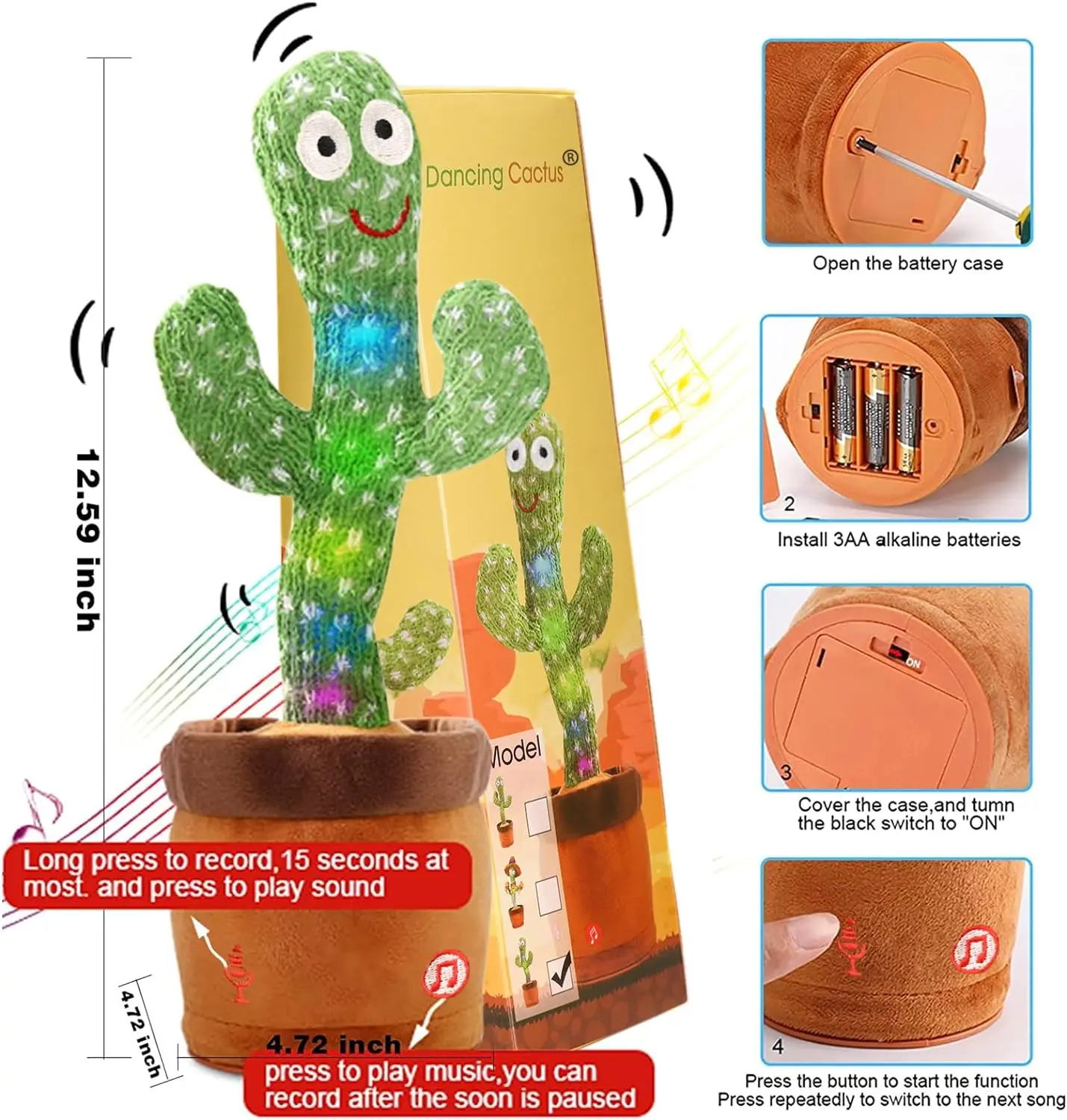 Sunny Cactus Electronic Light Up Plush Toy with 120 English Songs Smart Toy,Kids Dancing Talking Cactus Toys