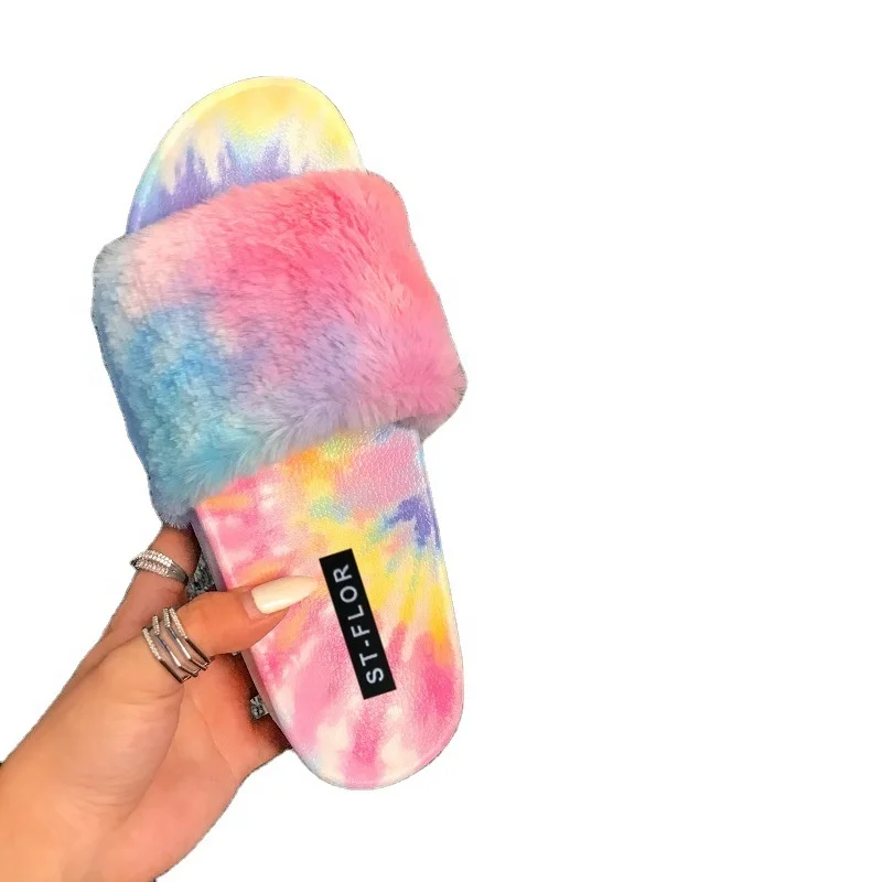 High quality winter soft colorful fashion fur slippers tie-dye candy color designer fur slippers women sandals