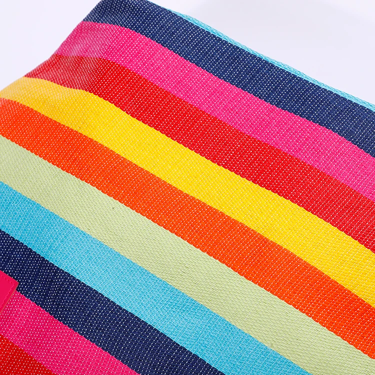 Handmade Lovely Travel Paper Fabric Tote Bag Rainbow Color Striped Pattern Beach Bags With Fluffy Tassels