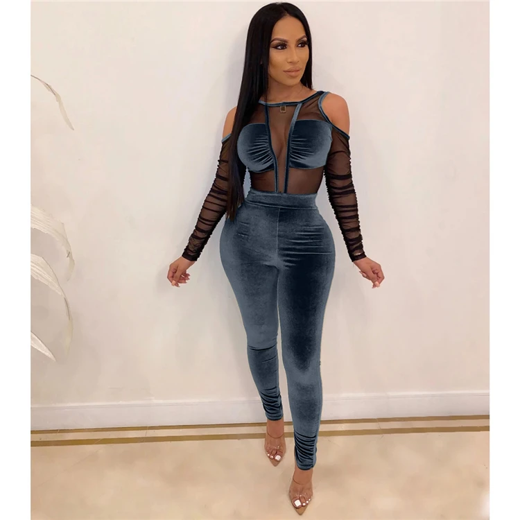 2020 new design black zipper mesh patchwork tight bodycon club wears women jumpsuits