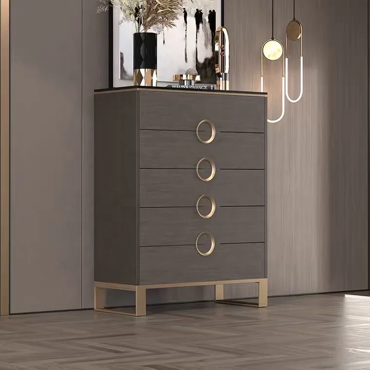 Modern 5-Drawer Ring Handle Cabinet Bedroom Living Room Wooden Dresser Storage Cabinet Steel Frame Chest of Drawers