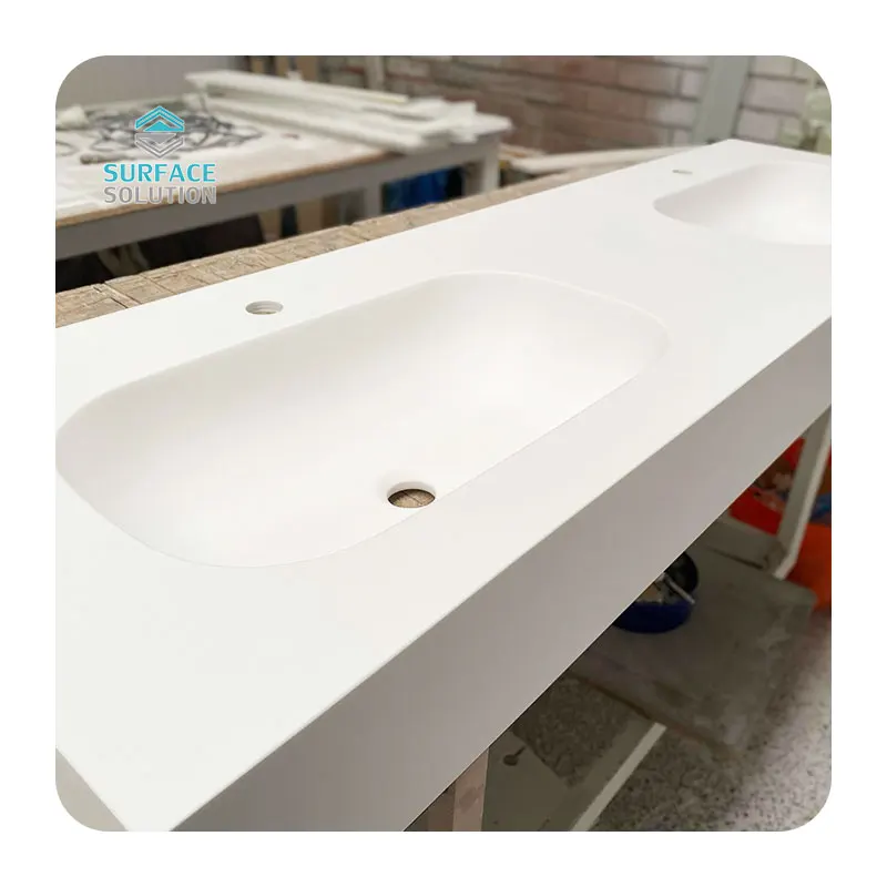 Modern white color artificial stone korean acrylic solid surface double basin bathroom vanity top with sink
