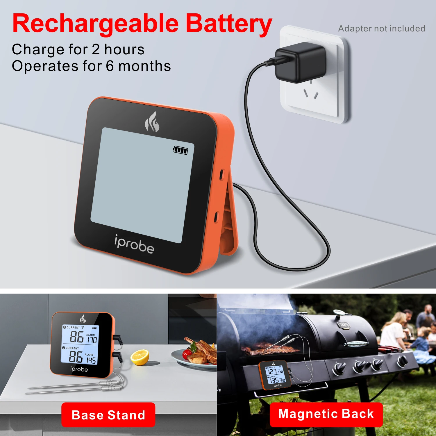 iprobe Digital 2 Probes Meat Thermometer Kitchen Wireless Cooking BBQ Food BT for Gas Grill Charcoal Kamado