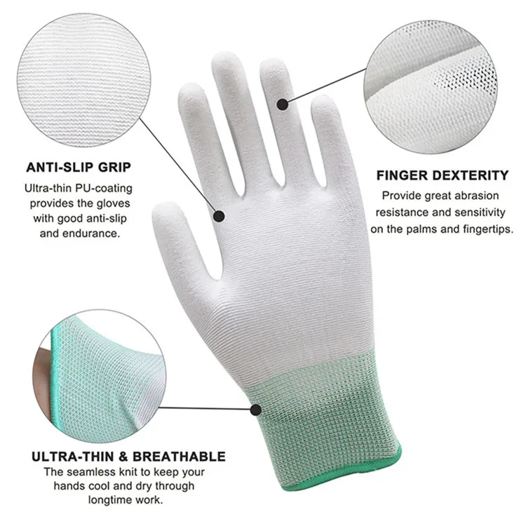 Nylon Seaml Waterproof PU Inspection Gloves XL Size Dust-Free Assembly Safety Work Gloves Painters White PU Palm-Coated Gloves