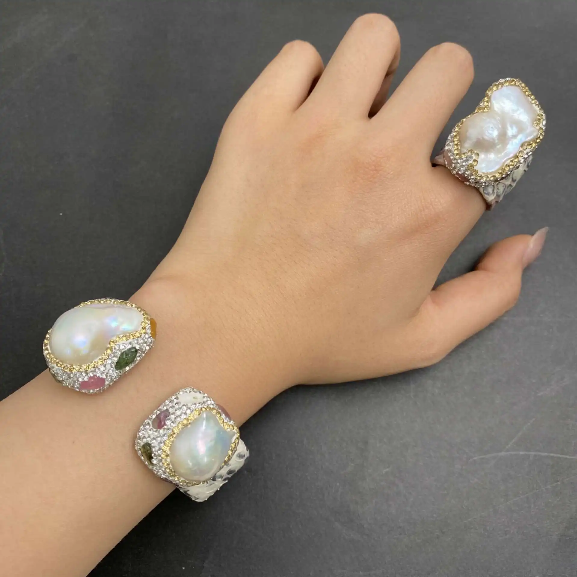 ZJFP Freshwater Pearl Bangle Pearl Ring Leather Set 2Pieces Jewelry Sets For Women Gifts