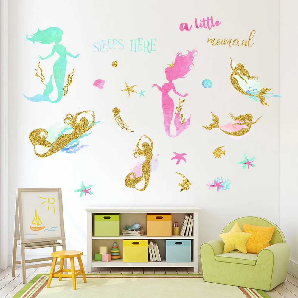 Custom 3D Golden Purple Mermaid Wall Decal Kids Room Bedroom Bathroom Decoration Wall Stickers