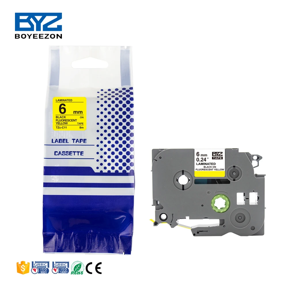 OEM Fluorescent Label Tapes Black on Yellow 6mm Typewriter Ribbon TZe-C11 Compatible with Brother Label Printer