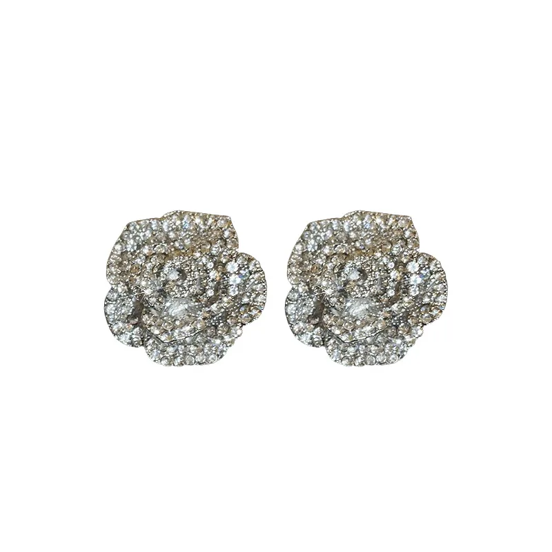 Silver Stud Rhinestone-Encrusted Flower Tassel Earrings and Necklace Set European American Cold Style Fashion Short New Light Lu