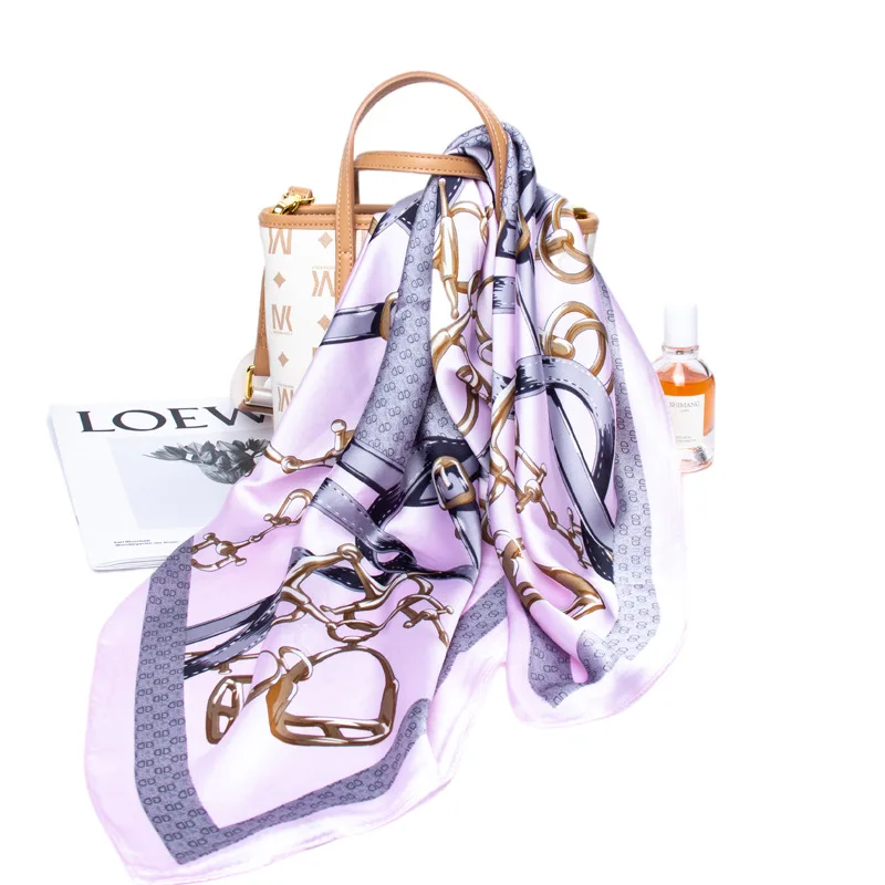 In Stock  fashion new arrival custom designer luxury satin silk scarf printing square 70*70cm satin shawl for women