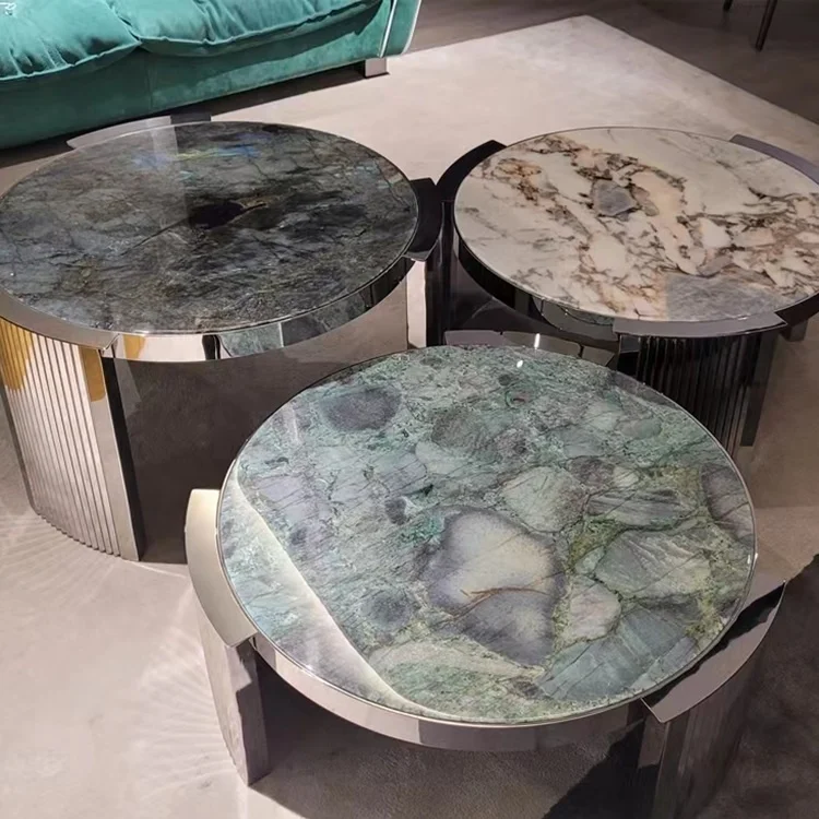 New collection stainless steel high gloss finishing round luxury natural marble stone top coffee table set for modern furniture