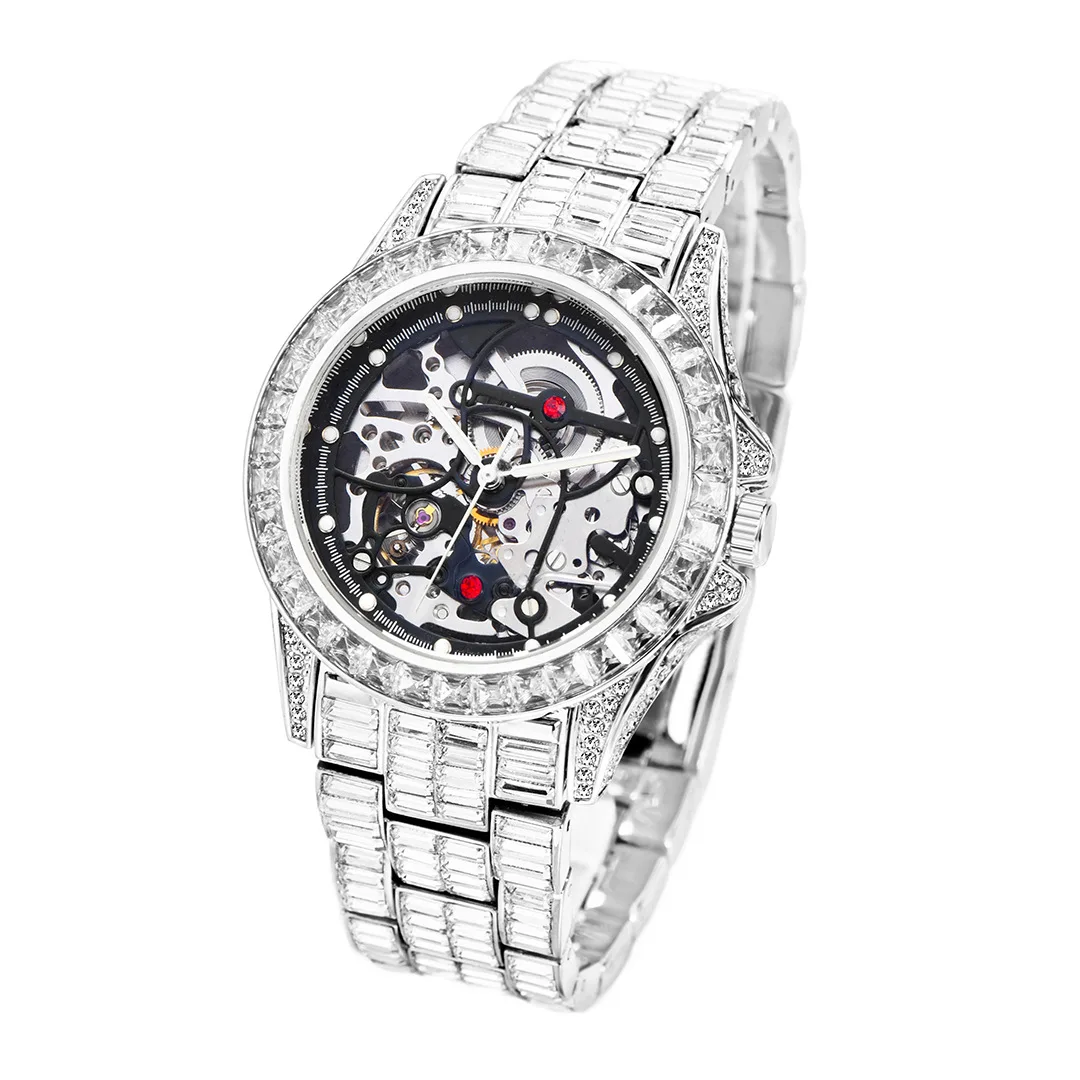 Men Watches 2022 Luxury Large Case With Baguette Full Diamond Chronograph Calendar mechanical Wristwatch