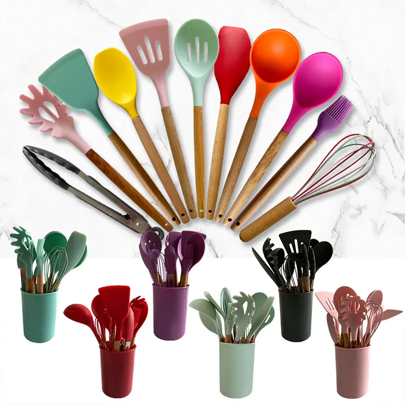 Suppliers Customized Organizer 11 Pieces Cooking Spatula rubber Wooden Handle Silicone Kitchen Utensils Accessories