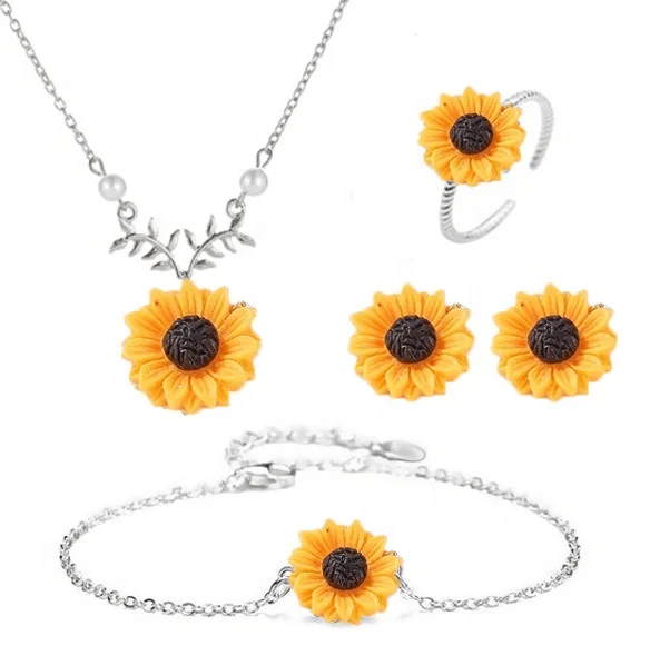 Hot Sale Women 4 pcs Jewelry Set Pearl Sun Flower Rings Earrings and Necklace Set