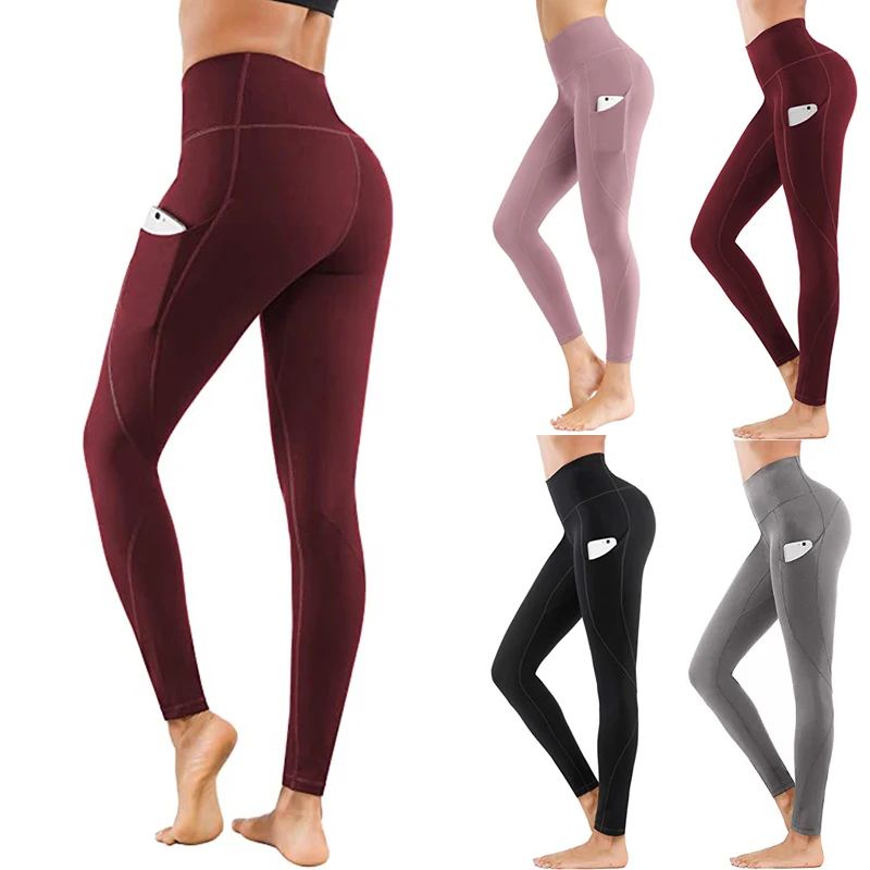 High Waist Yoga Pants with Pockets Tummy Control Leggings Workout 4 Way Stretch Seamless Women Fitness & Yoga Wear Solid Pattern