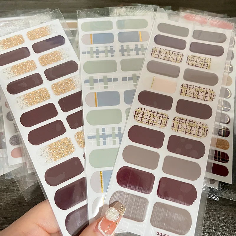 Hot Sales New Semi Cured Gel Nail Stickers Self-Adhesive Gel Nail Polish Sticker Wraps Women Private Label w/o LED LAMP
