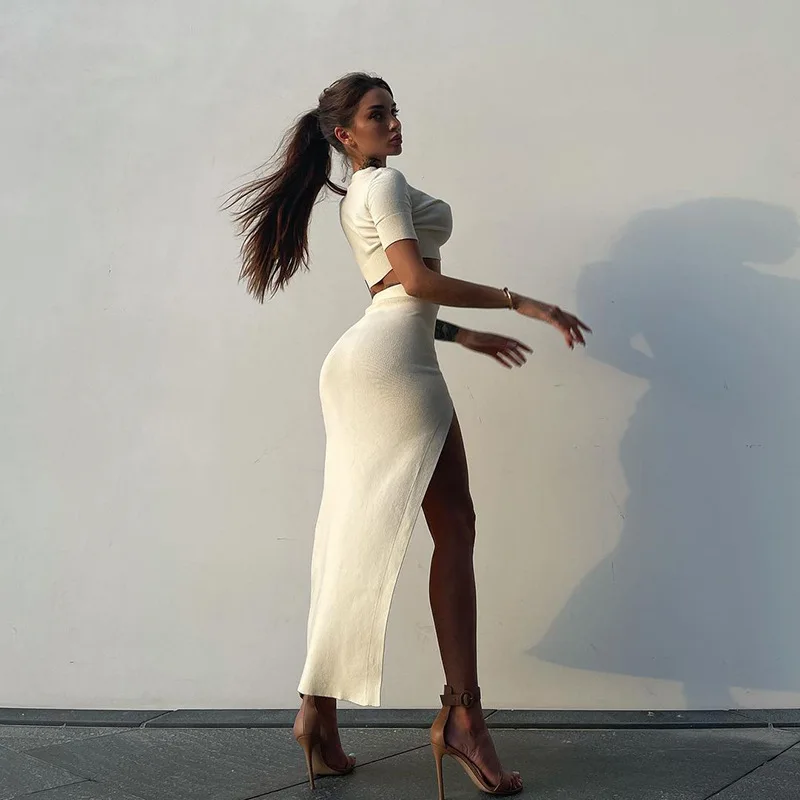 Wholesale 2022 summer new short sleeved top, Hip Wrap long skirt, two-piece set, high split fashion leisure suit
