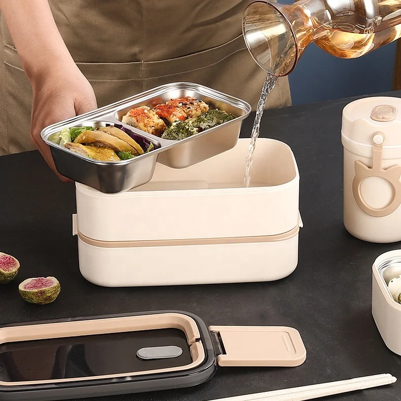 Factory Hot Selling Cream White Food Grade Stainless Steel 304 Portable Food Container 1400ml Double-layer Bento Lunch Box