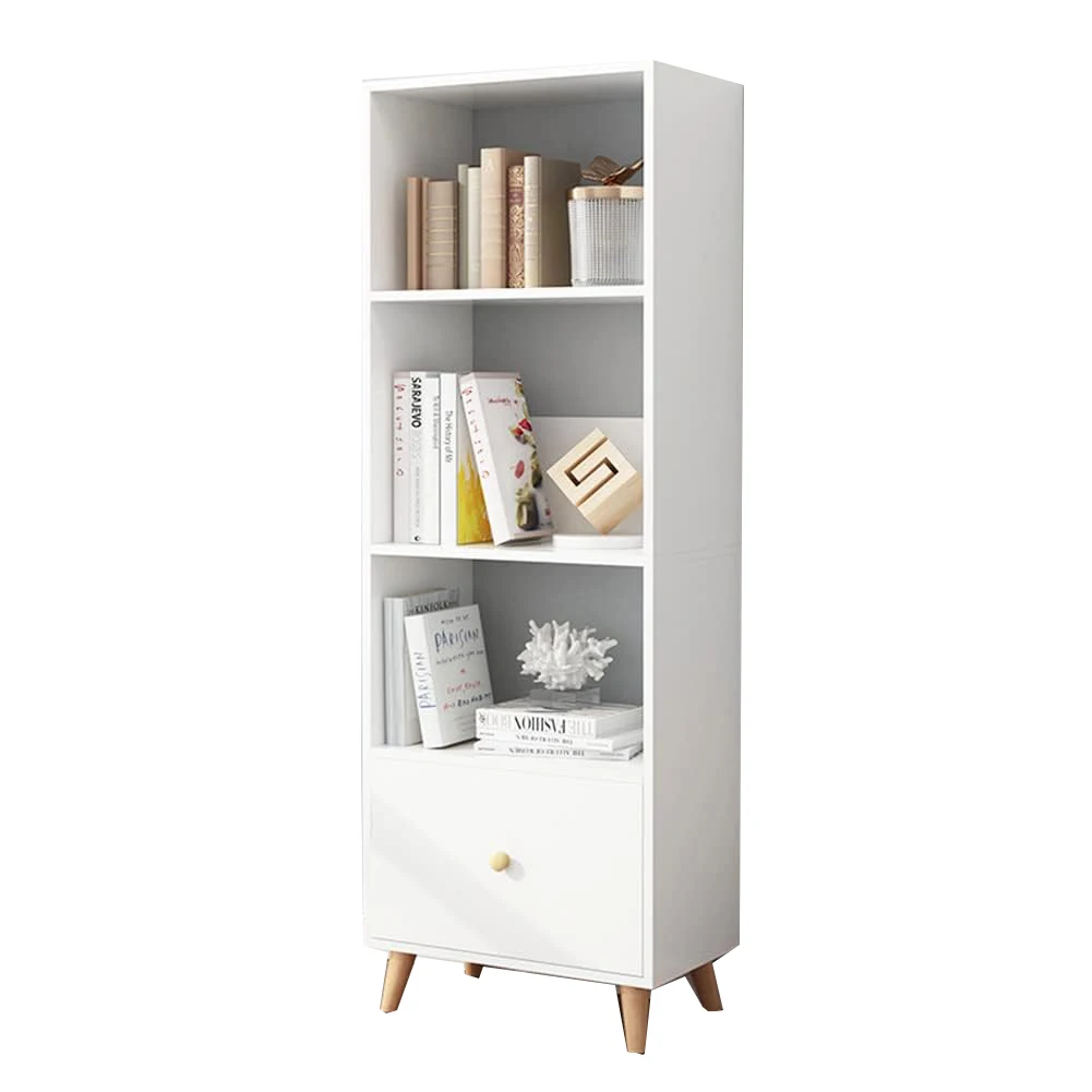 Белый 4-ярусный книжный шкаф с открытыми полками современный Напольный Деревянный Стеллаж выдвижными ящиками и