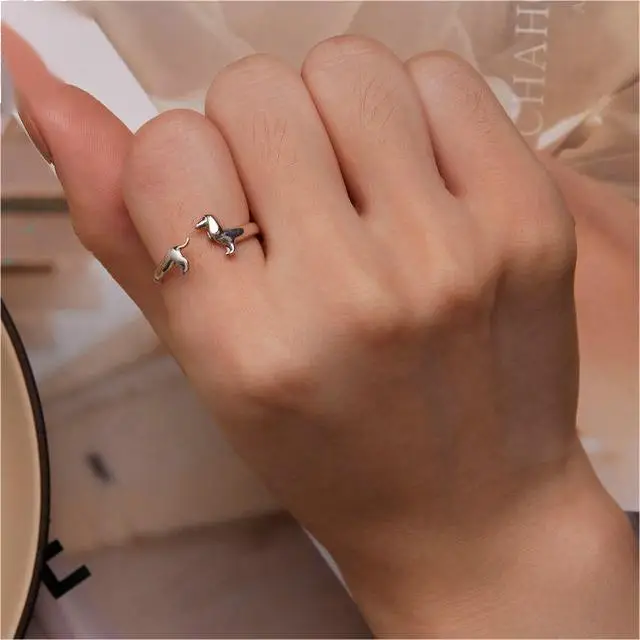 Rainbowking Sterling Silver S925 Dachshund Open Ring Simple Cute Cute Fun Vegan Silver Puppy Ring Fine Jewelry Ring