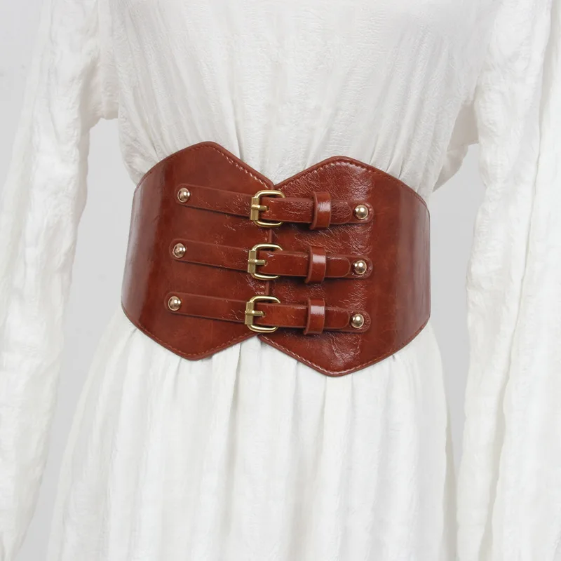 Three-raw Metal Needle Buckle Glossy Leather 14CM Wide High-waist Girdle Belt Dress Elasticity