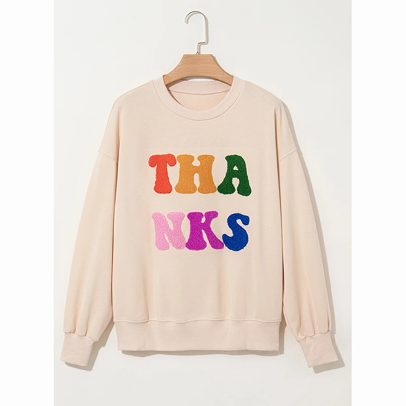 Dear-Lover Wholesale Fast Shipping Thanksgiving Thanks Chenille Flocking Embroidered Drop Shoulder Graphic Sweatshirt For Women