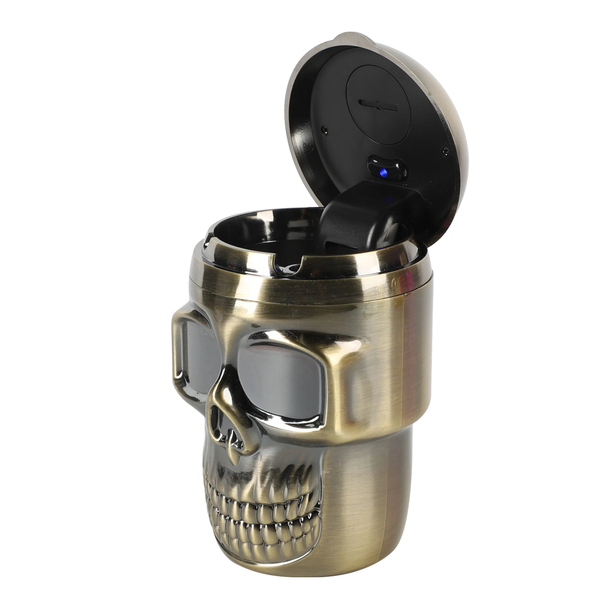 UKETA customized display box car ashtray smellproof windproof skull shape ABS plastic car ashtray with Led light
