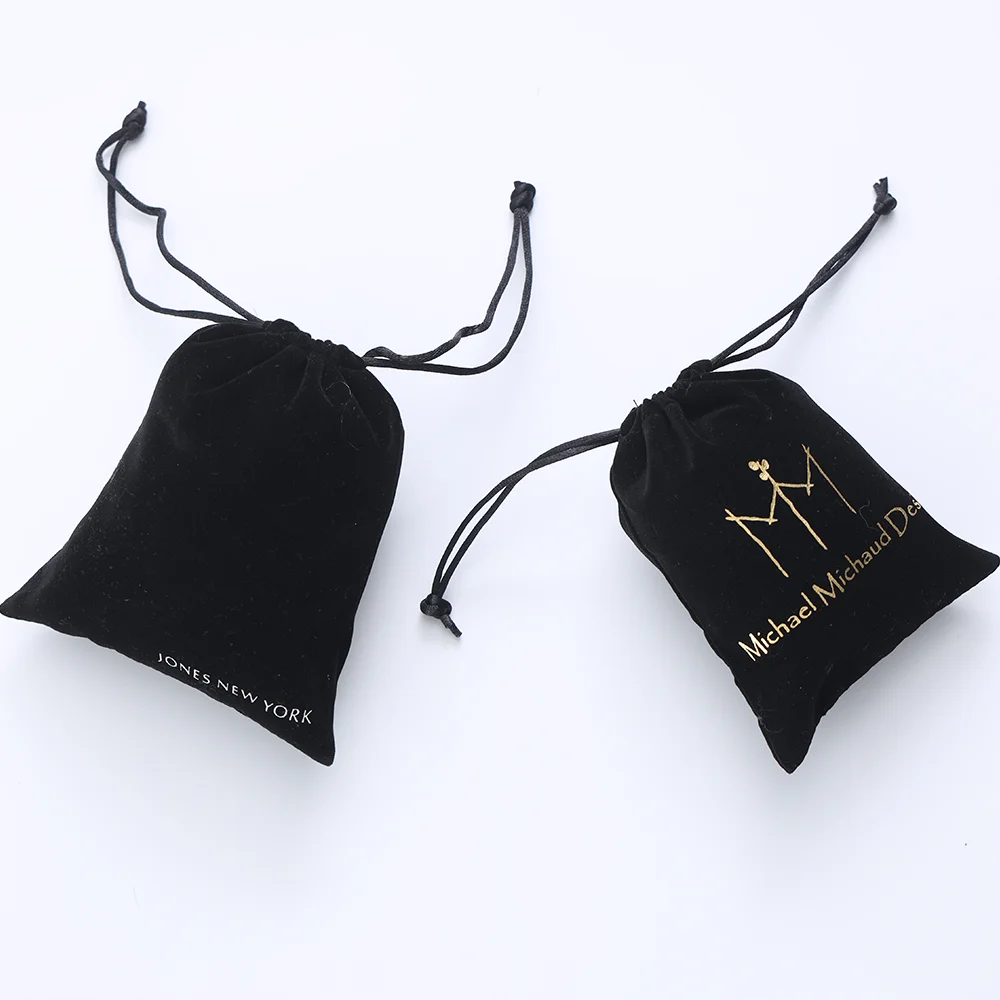 Hot Sale Wholesale Bronzing Logo Small Storage Bag Black Gift Jewelry Velvet Drawstring Pouch